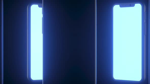 Five mobile phone with illuminated screen rotating. 3D realistic render loop animation