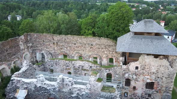 Medieval Castle Ruins in Latvia Rauna. Aerial View Over Old Stoune Brick Wall of Raunas Castle 