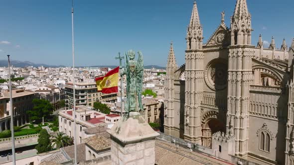 Aerial View of the Spanish Flag Near the La Seu in Mallorca Spain