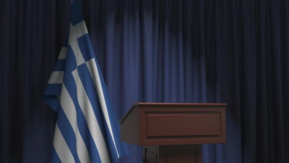 National Flag of Greece and Speaker Podium Tribune