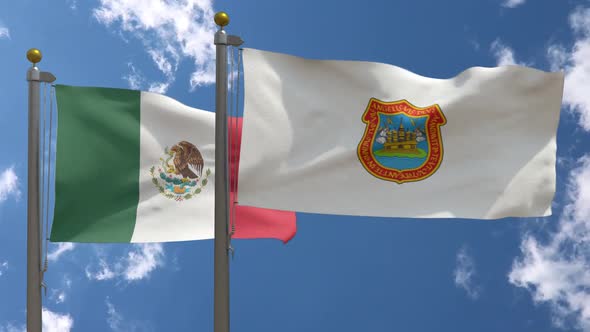 Mexico Flag Vs Puebla De Zaragoza City Flag On Flagpole