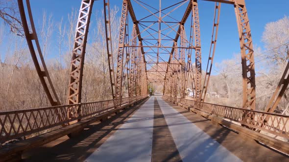 Driving on the Rockville Bridge over the Virgin River in Utah