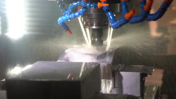 CNC milling machine. Cutting of metal. Robotic machine for metal processing