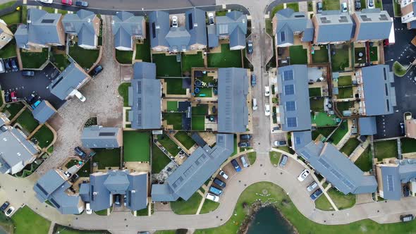 Top down view flying over modern houses in Greenhithe, Kent