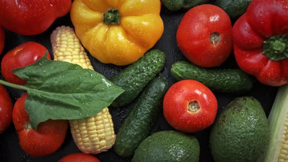 Multicolored Fresh Vegetables: Zucchini, Tomatoes, Cucumbers, Bell Peppers, Corn, with Water