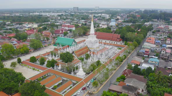 Aerial view of Wat Phra Mahathat Voramahavihan Temple in Nakhon Si Thammarat with stupa