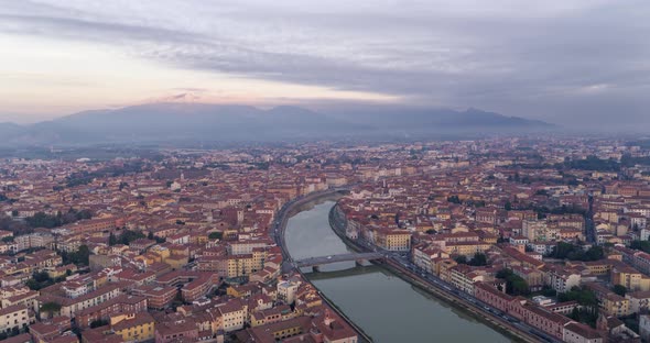 Flyover Arno River at Sunset - Pisa, Italy