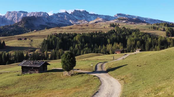 Alpe di Siusi, Dolomite Alps, Italy. Aerial landscape from drone.