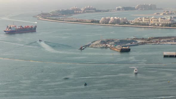 Aerial View of Palm Jumeirah Man Made Island From JBR District Before Sunset Timelapse