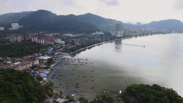 Teluk Kumbar fishing village in aerial view