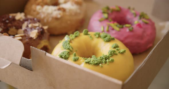 Delicious Sweet Colorful Donuts in Takeaway Box