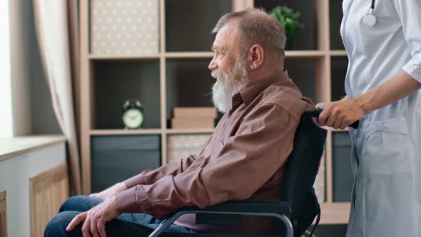 Woman Doctor Assist Unhealthy Elderly Grandfather Patient in Wheelchair Approaching to Window