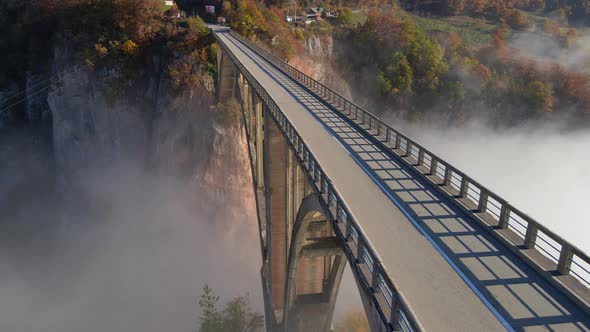 Aerial Video of the Magnificent Djurdjevica Bridge Over the Tara River Canyon in the Northern Part