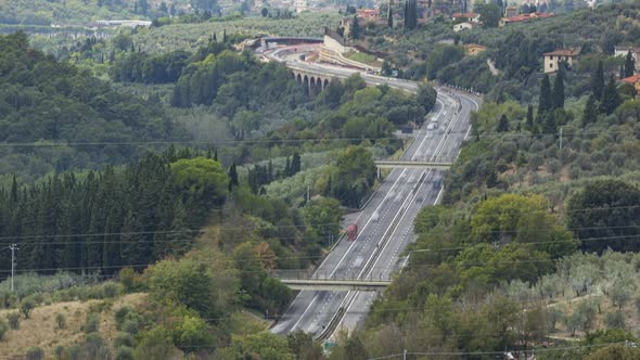 Highway traffic in the countryside from above 