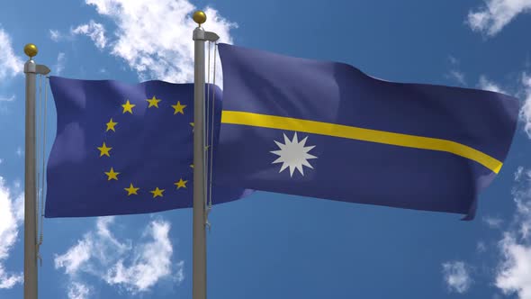 European Union Flag Vs Nauru Flag On Flagpole