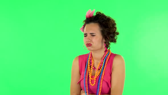 Cute Female Feels Very Bad, Her Stomach Hurts. Green Screen