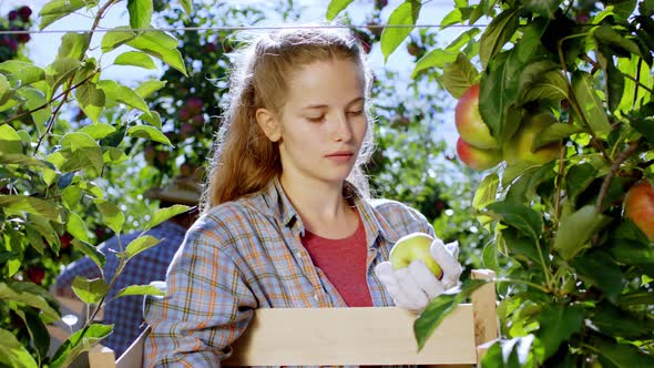 Young Farmer Lady Smelling with Love Fresh Apple