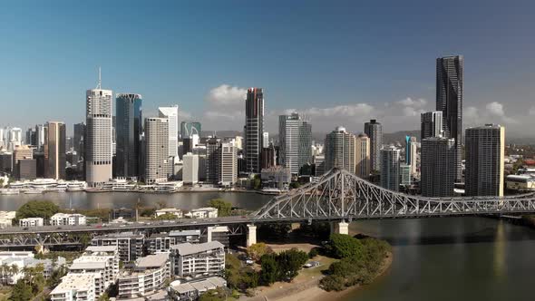 Brisbane city with CBD and Story Bridge, aerial drone panoramic