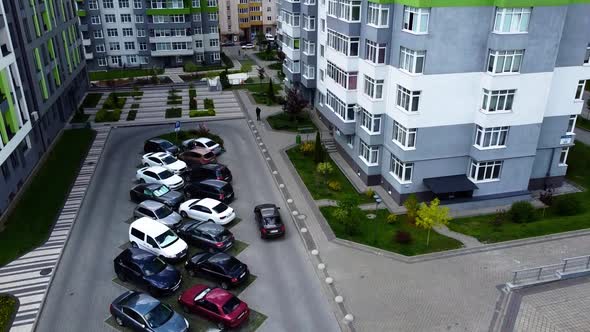 Aerial drone view of a flying over the modern residential building.
