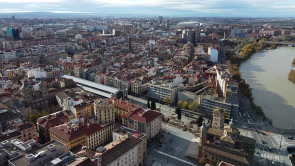Zaragoza Aerial Scene with Central Market and Ebro River Spain