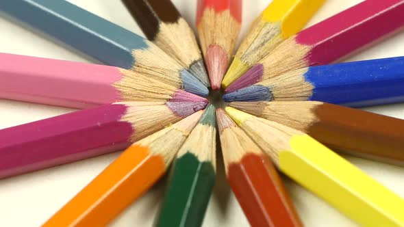 Bunch of Colored Pencils on White, Rotation, Macro, Close Up