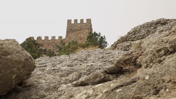 Bottom View of Ancient Genoese Fortress in Sudak Town