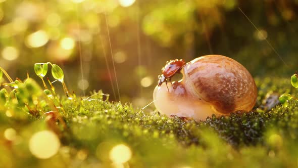 Close-up Wildlife of a Snail and Ladybug Under Heavy Rain in the Sunset Sunlight.