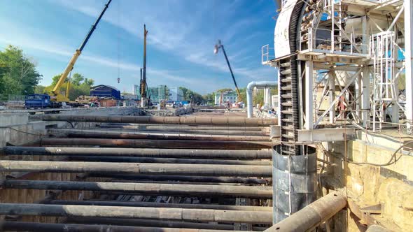 Huge Ditch Pit at the Construction Site of the Underground Metro Station Line Timelapse