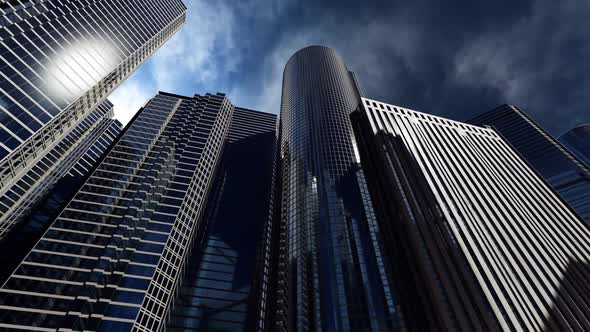 Animation of the business center. buildings with mirrored windows on the background of the sky .