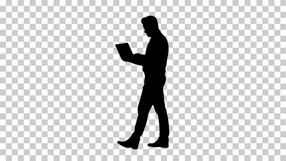 Silhouette Formal man walking and using laptop, Alpha Channel