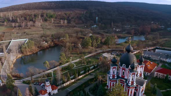 Orbital Aerial Drone View of Curchi Monastery in Orhei Moldova