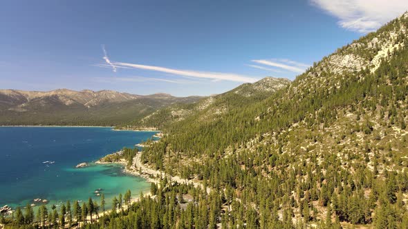 Drone flying parallel to the Flume Trail looking towards Mt. Rose Wilderness and Sand Harbor.