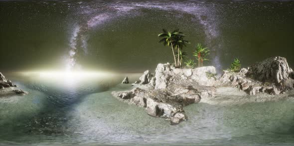 VR 360 Beautiful Fantasy Tropical Beach with Milky Way Star in Night Skies