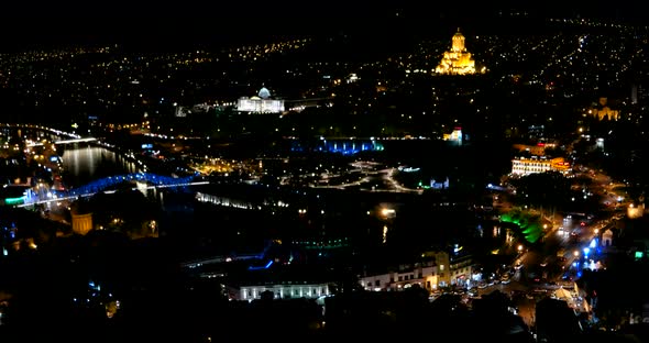 Night Panorama View of Tbilisi Capital of Georgia Country. Metekhi Church Holy Trinity Cathedral