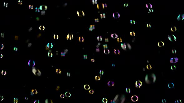 Rainbow Soap Bubbles Fly. Black Background