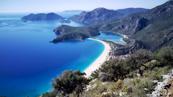 Amazing beautiful panoramic view from drone of Oludeniz Blue lagoon beach in Fethiye in Mugla