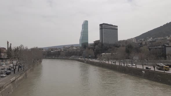 Flying over Shota Rustaveli Avenue. Skyscapers in the centre of Tbilisi. Georgia 2021