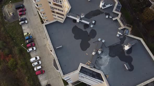 Aerial view of a drone flying over the buildings