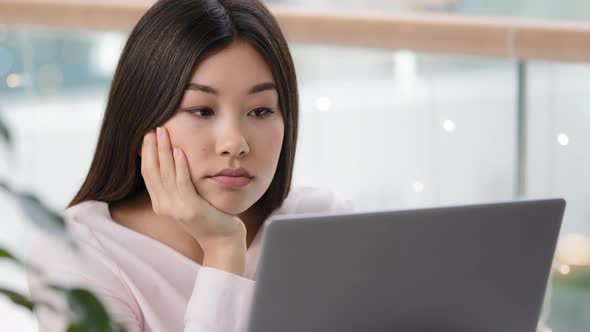 Portrait Korean Businesswoman Tired Asian Girl Student with Laptop Feeling Sad About Failure Test