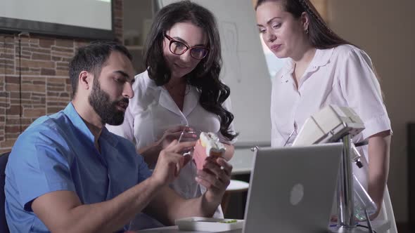 Portrait of Three Positive Multi-ethnic Dentists Discussing Teeth Cast. Middle Eastern Man and