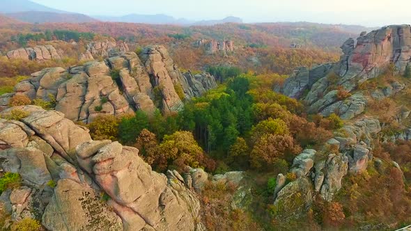 Aerial panoramic video of rocky cliffs in Belogradchik, Bulgaria