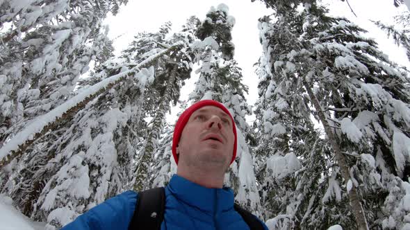 Adventurous Young Man Hiking Snow Covered Wilderness Under Powder Covered Trees