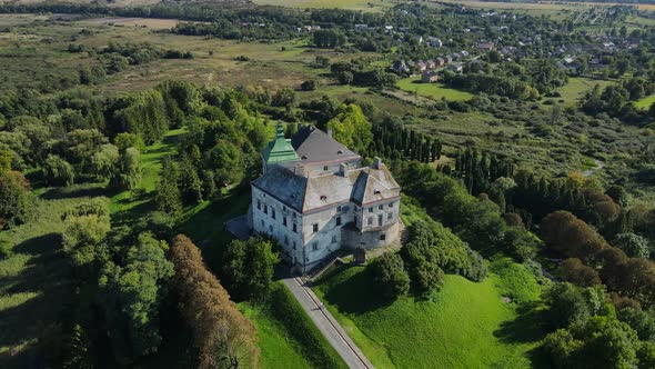 Aerial Shot Village Olesk Castle. Ukraine