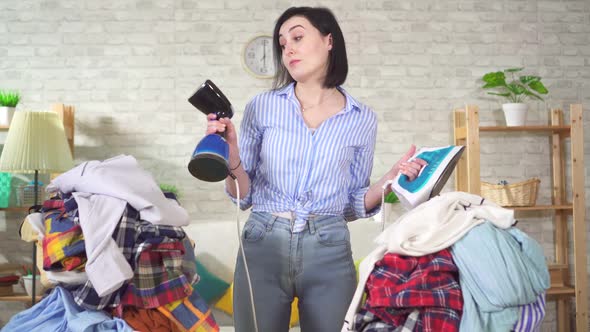 Young Woman Chooses Steamer Ironing Instead Iron