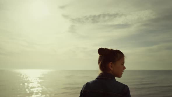 Sad Kid Looking Sea Beach Outdoors