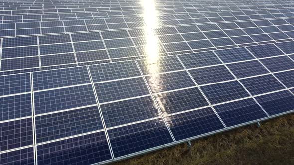 Aerial Drone View Flight Over Solar Power Station Panels