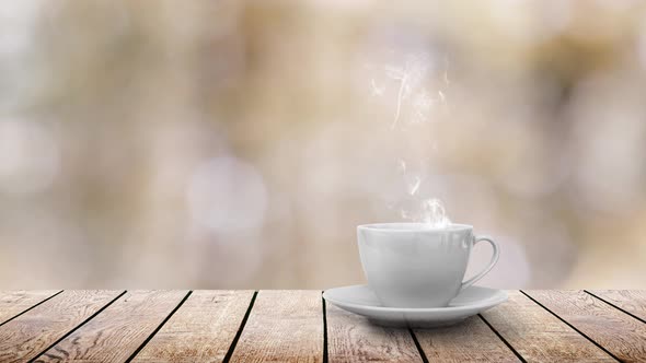 hot coffee on the table on a spring background