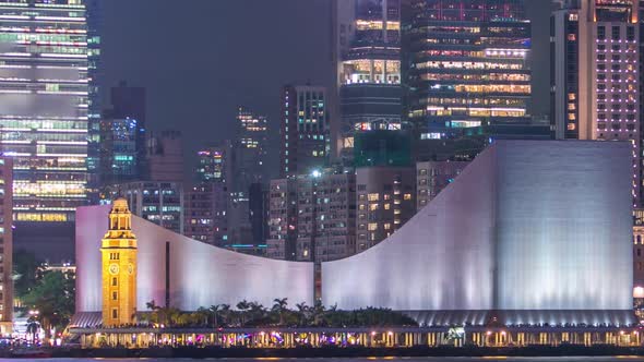 Hong Kong Cultural Centre with Colorful Light Projection on Its Wall Timelapse