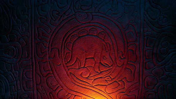Ancient Dinosaur Stone Carving In Firelight