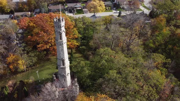 Drone rotate around battlefield house monument in Hamilton Ontario Canada, aerial close up of the ma